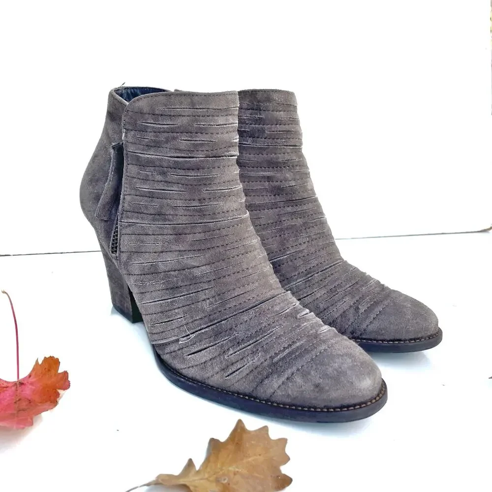 Paul Green Gray Ruched Suede Booties Neutral Leather Austrian Made Quiet Luxury